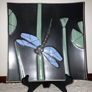 Signed Rick Stafford Black Neriage Dragonfly Lotus Pond Art Pottery Square Plate